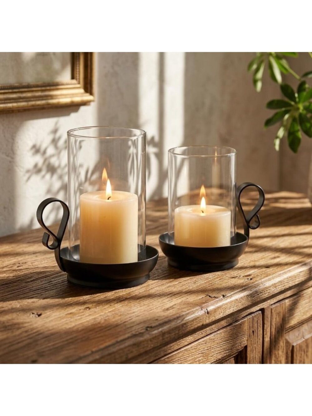 Elegant Black Hurricane Candle Holders - Set of 2 Pillar Candle Stands